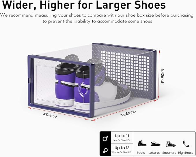 Kuject X-Large Shoe Storage Boxes 12 Pack, Clear Stackable Shoe Organizer | Shoe Case for Closet, Entryway & Under-Bed Storage, Drop-Front Design, Space-Saving Solution for Family Organization,Blue