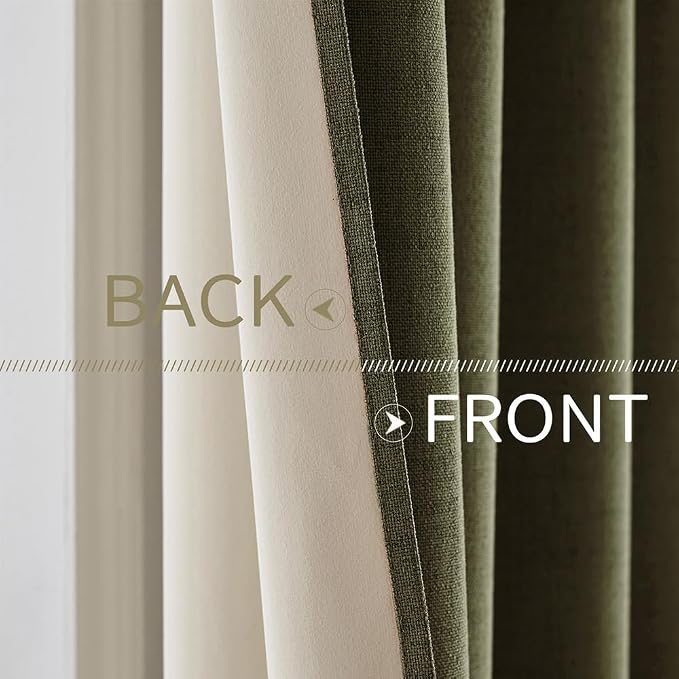 MIULEE 100% Blackout Linen Curtains for Bedroom 52x72 Light Olive Green | Room Darkening, Light Blocking, Thermal Insulated, Grommet Top, Linen Textured, Window Curtains for Living Room, 2 Panels