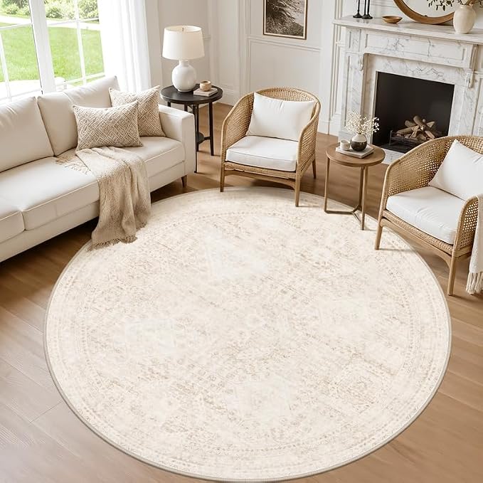 Round Area Rug Living Room: 8ft Neutral Washable Carpet Rug Beige | Vintage Boho Circle Soft Large Circular Carpet Bedroom Nursery Farmhouse Dining Room Indoor Decor Floor Non-Slip Under Table