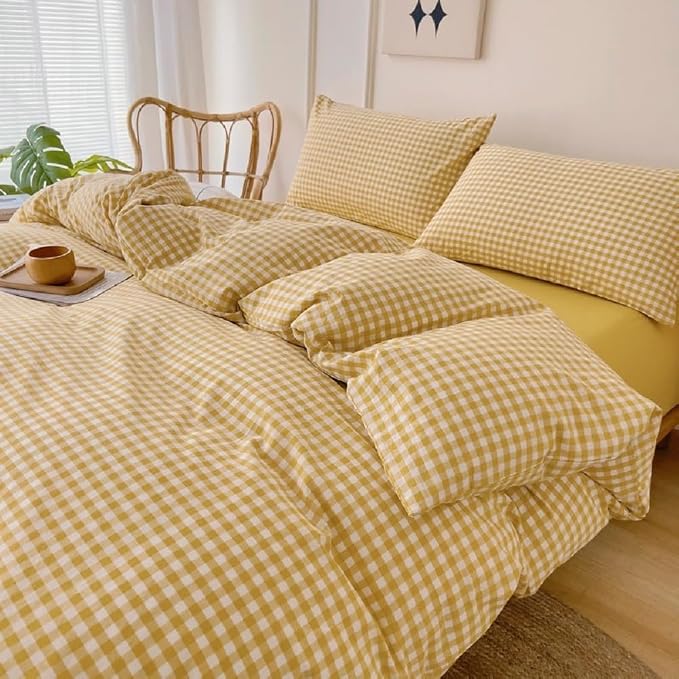 LifeTB Yellow Gingham Comforter King Comforter Set Geometric Checkered Plaid Bedding Comforter with 2 Pillowcases Fluffy Soft Lightweight Bedding Boho Grid Plaid Comforter Set King for All Seasons