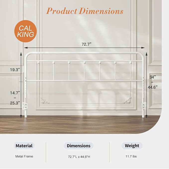 Victorian Metal California King Headboard Only, White | 34"-44.6" Adjustable Height, Cal King Head Board with Bed Frame Brackets Adapter, Easy Assembly, Farmhouse Vintage Style