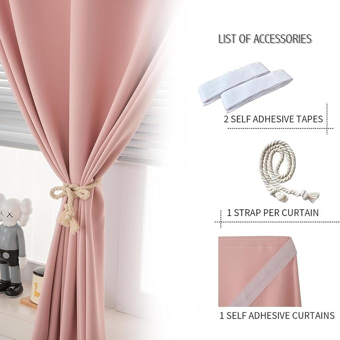 Thermal Blackout Curtains with Self-Adhesive Tape, No Rod No Drill Easy Install Window Cover for Bedroom Kitchen Dorm, 71" W x 59" L, Pink, 1 Panel
