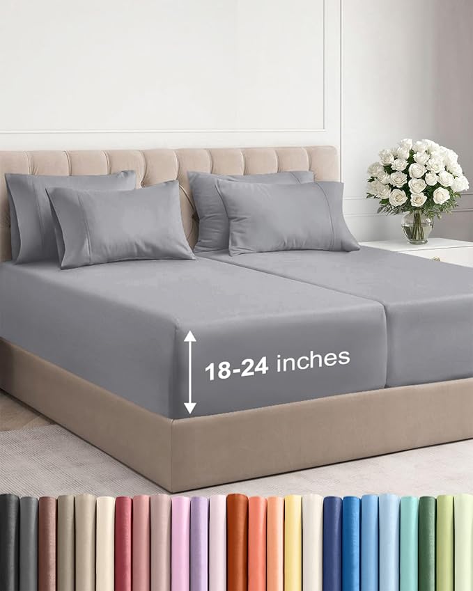 Extra Deep Split King Sheet Set - 7 Piece Breathable & Cooling - Steel Blue | Hotel Luxury Bed Sheets Set, Easy & Secure Fit, Ultra-Soft, Wrinkle & Fade Free, Comfy Sheets Set with Extra Deep Pockets