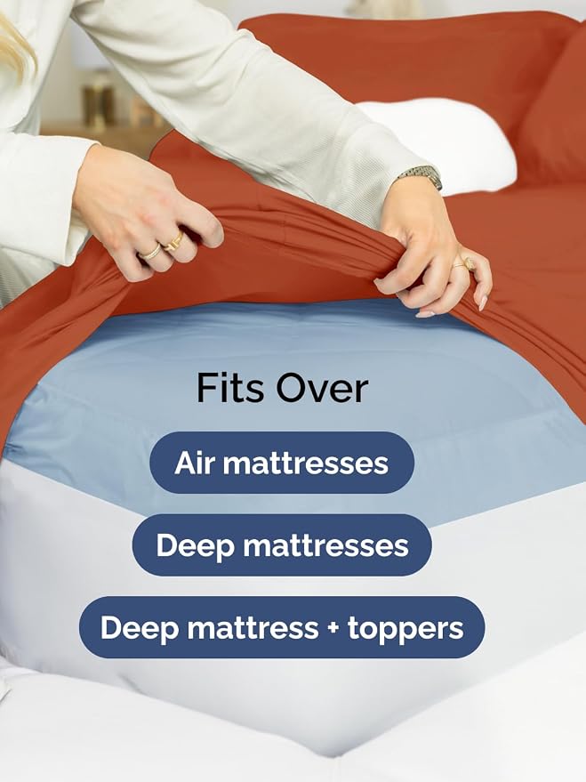 Extra Deep Queen Fitted Sheet - Single Fitted Sheet Only - Terracotta | Easily Fits 18 inch to 24 inch Mattress, Soft, Wrinkle Free, Breathable & Comfy, Extra Deep Pockets Hotel Luxury Fitted Sheet