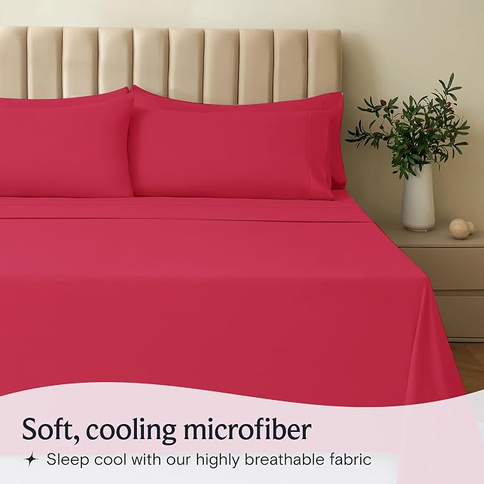LuxClub Queen Size Sheet Set, Cooling & Soft Deep Pocket Bed Sheets, 4PC | LuxClub Silky Fitted Sheet & Pillowcase Sets, Breathable Hotel Luxury Bedding for Mattress Wrinkle Free, Red