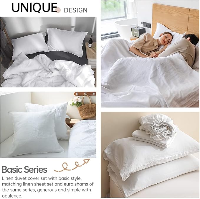 Simple&Opulence 100% Linen Duvet Cover Set 3pcs Basic Style Natural French Washed Flax Solid Color Soft Breathable Farmhouse Bedding with Button Closure - White, California King