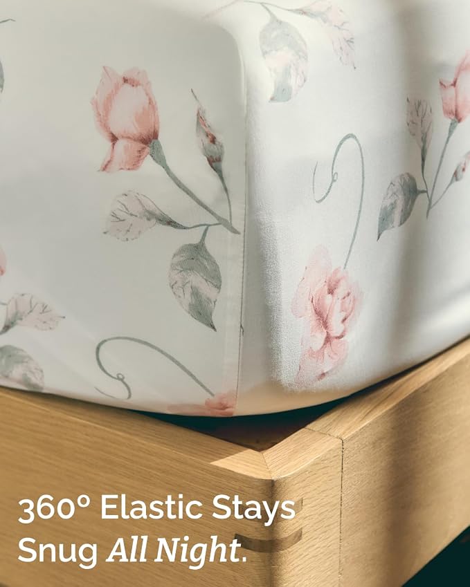 Full 4 Piece Boho Botanical Floral Sheet Set - Soft & Cooling - Rosebud | 1 Flat, 1 Fitted & 2 Pillowcases w/ Deep Pockets, Boho Botanical Floral Bedding, Breathable & Cooling, Wrinkle & Fade Free