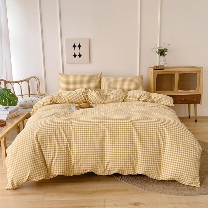 LifeTB Yellow Gingham Comforter King Comforter Set Geometric Checkered Plaid Bedding Comforter with 2 Pillowcases Fluffy Soft Lightweight Bedding Boho Grid Plaid Comforter Set King for All Seasons
