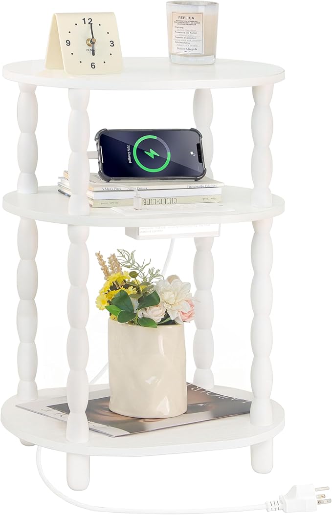 MaxSmeo White Side Table with Charging Station, 3-Tier Small Oval End Table with USB Ports and Outlets, Modern Night Stand Wood Accent Table for Living Room, Bedroom, White