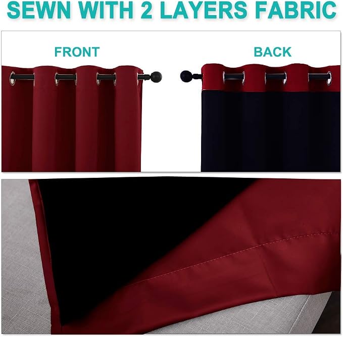 NICETOWN 100% Blackout Blinds, Set of 2, 46" x 96", Burgundy Red, Laundry Room Decor Window Treatment Curtains for Large Patio Sliding Door, Thermal Insulated Curtains for Bedroom