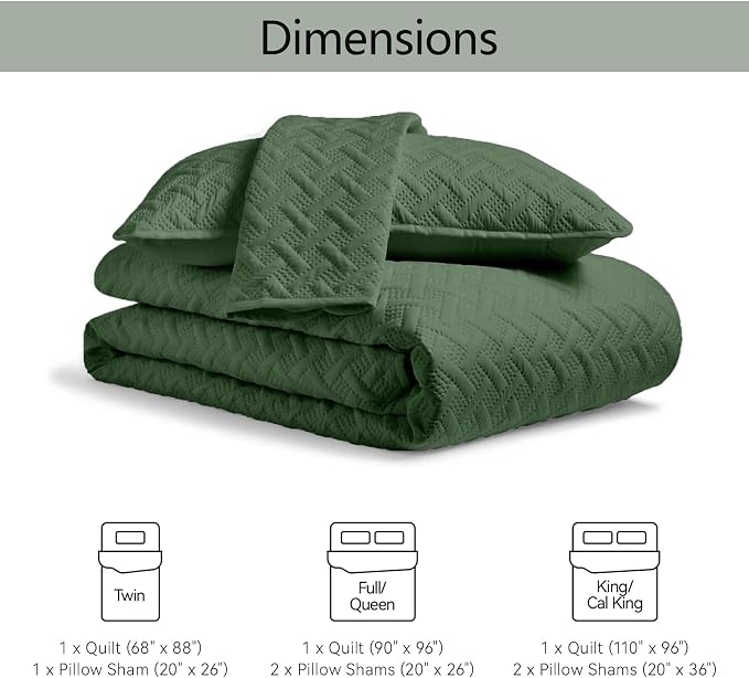 FLYMME King Size Quilt Bedding Set Olive Green Lightweight Bedspreads for Summer,Modern Style Geometric Weave Stripe Pattern,Soft Microfiber Bed Coverlet 3 Pieces (1 Quilt, 2 Shams)