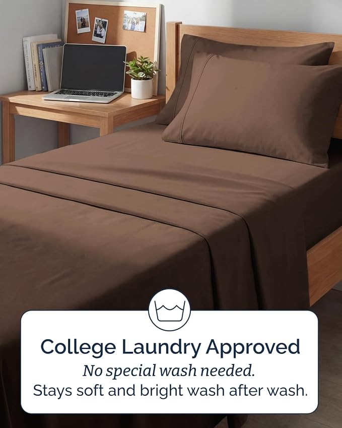 Twin XL 4 Piece Sheet Set - College Dorm Room Essentials - Chocolate Brown | Ultra Soft Dorm Bedding Set, 8" to 16" Inch Deep Pockets, 1 Flat & 1 Fitted Sheet & 2 Pillowcases, Wrinkle & Fade Free