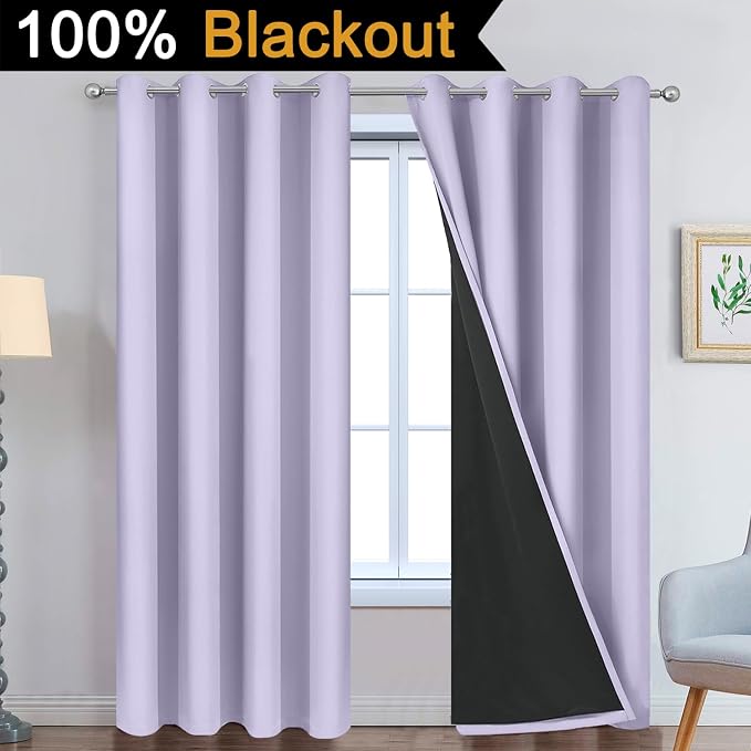 Yakamok Lilac 100% Blackout Curtains 90 Inches Long for Bedroom 52" Wide | Blackout Curtain Panels for Bedroom, 2 Thick Layers Grommet Top Thermal Insulated Drapes with Black Liner for Living Room