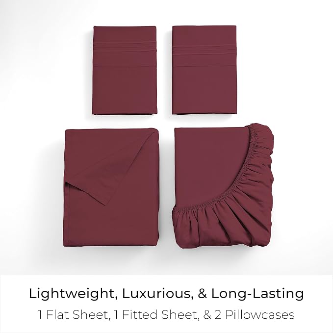 Mellanni Iconic 4-Piece, Ultra Soft Sheet Set (California King, Burgundy) | 10M+ Sleepers. Lab-tested: Sleeps Cool, Stays Bright, Strong, Smooth. Good Housekeeping Best Bedding, 7 yrs running.