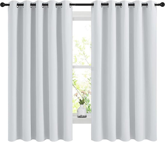 NICETOWN Greyish White Blackout Curtains for Bedroom 66" w x 60" L 2 Panels | 3 Pass Microfiber Noise Reducing Thermal Insulated Solid Ring Top Window Drapes for Living Room Kitchen, Light Blocking Decor