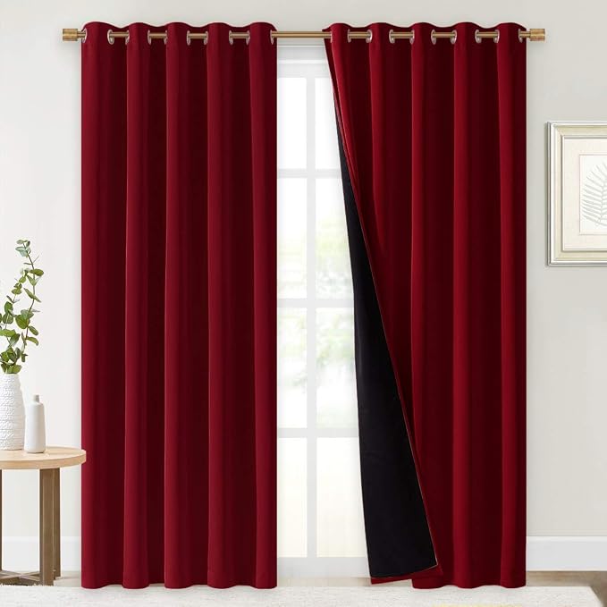 NICETOWN 100% Blackout Curtains with Black Liner Backing, Thermal Insulated Curtains for Living Room, Noise Reducing Drapes for Christmas, Burgundy Red, 70 inches x 84 inches Per Panel, Set of 2