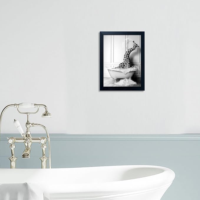 Black and White Bathroom Wall Decor Funny Giraffe in Bathtub Decor Framed Farmhouse Animal Canvas Wall Art Bathroom Artwork