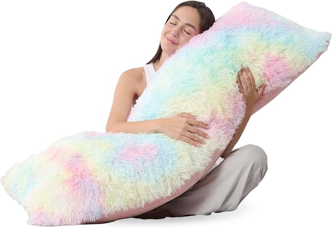 ZonLi Fluffy Body Pillow for Adults, Fuzzy Faux Fur Long Pillow with Shredded Memory Foam, Adjustable Support for Side Sleepers, Gifts, 20 x 54 Inch, Rainbow