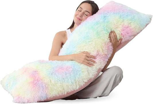 ZonLi Fluffy Body Pillow for Adults, Fuzzy Faux Fur Long Pillow with Shredded Memory Foam, Adjustable Support for Side Sleepers, Gifts, 20 x 54 Inch, Rainbow