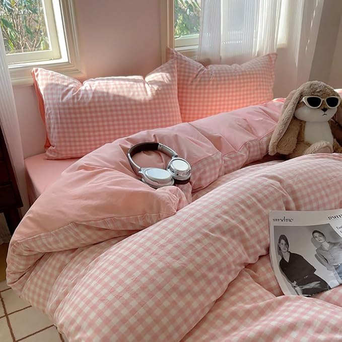 Nayoroom Gingham Duvet Cover Twin Reversible Pink Plaid Checkered Bedding | Soft Breathable Washed Microfiber, All-Season Comfort, Hidden Zipper, 4 Corner Ties, Coquette Modern Farmhouse, Dorm Bedding