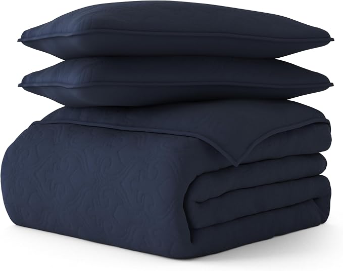Merit Linens Classic Quilt Coverlet Soft Set in Damask Stitching - King/Cal-King Navy