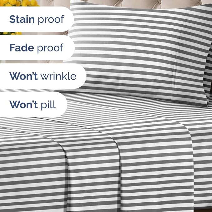 Twin XL 3 Piece Striped Sheet Set - Breathable & Cooling - Black Pinstripe | 1 Flat, 1 Fitted & 1 Pillowcase w/ Deep Pockets, Luxury Striped Bedding, Soft, Breathable & Cooling, Wrinkle & Fade Free