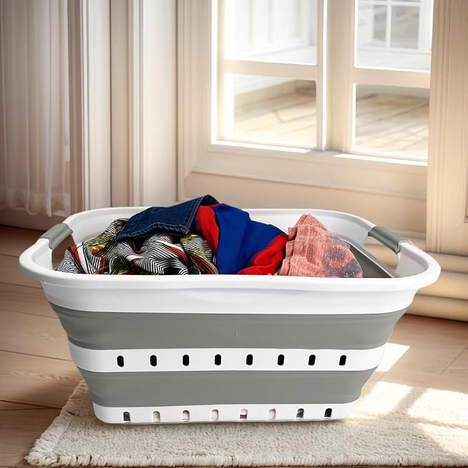 SAMMART 42L (11 gallon) Collapsible Plastic Laundry Basket - Foldable Pop Up Storage Container/Organizer - Space Saving Hamper/Basket (1, Grey/White)
