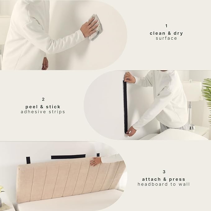 Nestl Upholstered Queen Headboard - Easy Assemble Channel Stitched Headboard Queen Size - Wall Mounted Headboards with 3D Soundproof Wall Panels Peel & Stick Floating Headboards, Beige