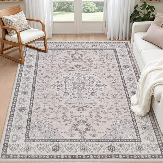 6x9 Area Rugs Living Room: Bedroom Washable Carpet Beige & Grey | Large Vintage Boho Indoor Decor Neutral Soft Nursery Farmhouse Dining Room Office Floor Non-Slip Low Pile Under Table Rug