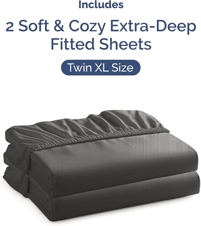 2 Pack Extra Deep Twin XL Fitted Sheets with Extra Deep Pockets - Charcoal | Hotel Luxury Bottom Fitted Sheets Only, Soft, Fade & Wrinkle Free, Breathable & Comfy, All Around Elastic Fitted Sheets