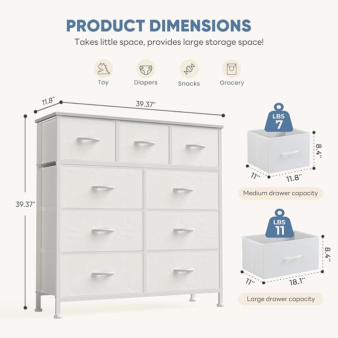 DUMOS 9 Drawer Dresser for Bedroom, Storage Organizer Chest of Drawers | Fabric Bins Storage Tower with Sturdy Metal Frame, Wood Tabletop for Closet, White