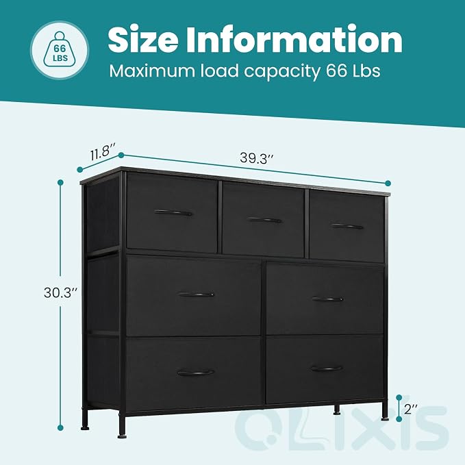 OLIXIS Black Dresser for Bedroom with 7 Fabric Drawers Storage Organizer | Wardrobe Closet for Clothes Storage, Steel Frame & Wooden Top, Cabinet Vertical Dresser for Living Room, Entryway Hallway