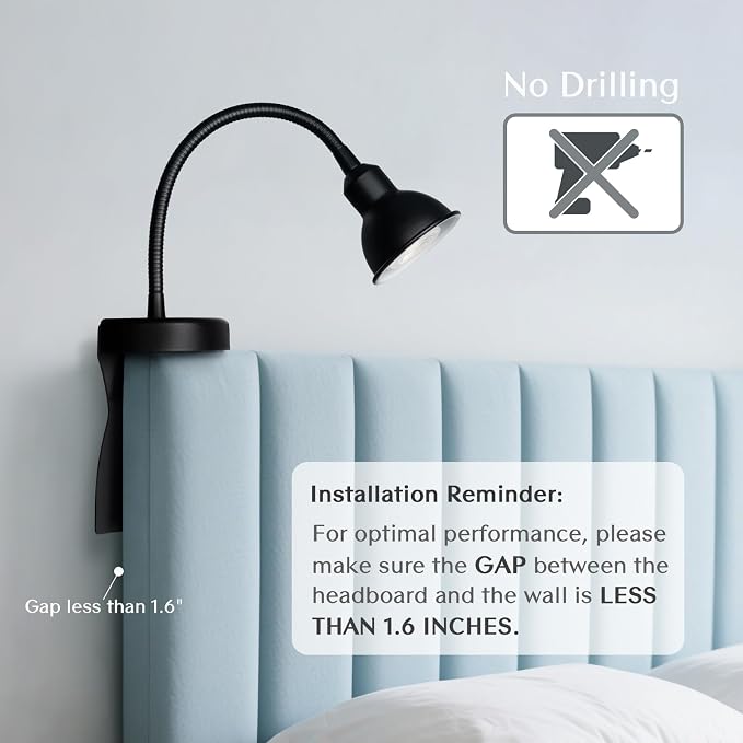 Patented Innovative Design Headboard Reading Light. No Drilling Golden Book Light for Bedtime Reading. Dimmable LED Book Reading Lamp with Bulb. Movable & Flexible, Black