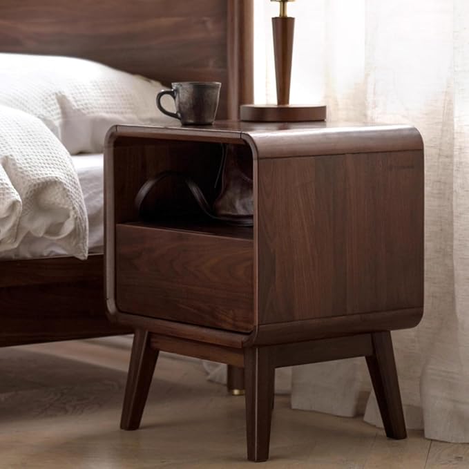 100% Solid Walnut Nightstand with Drawer, Mid-Century Nightstand with Open Storage, Wood Bedside Table for Bedroom,(19.68" H)