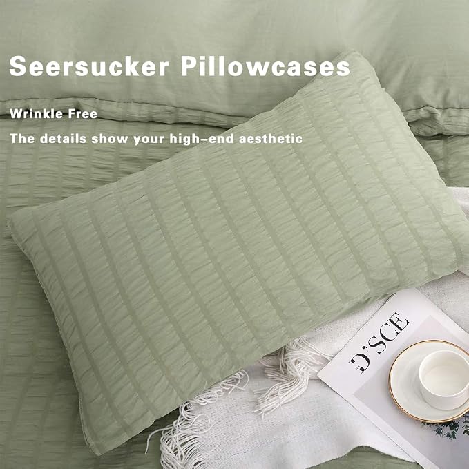 AveLom Green Duvet Cover Twin(68 x 90 inches), 2 Pieces (1 Duvet Cover, 1 Pillow Case),Seersucker Tripe Soft Washed Microfiber Textured Duvet Cover Set with Zipper Closure, Corner Ties