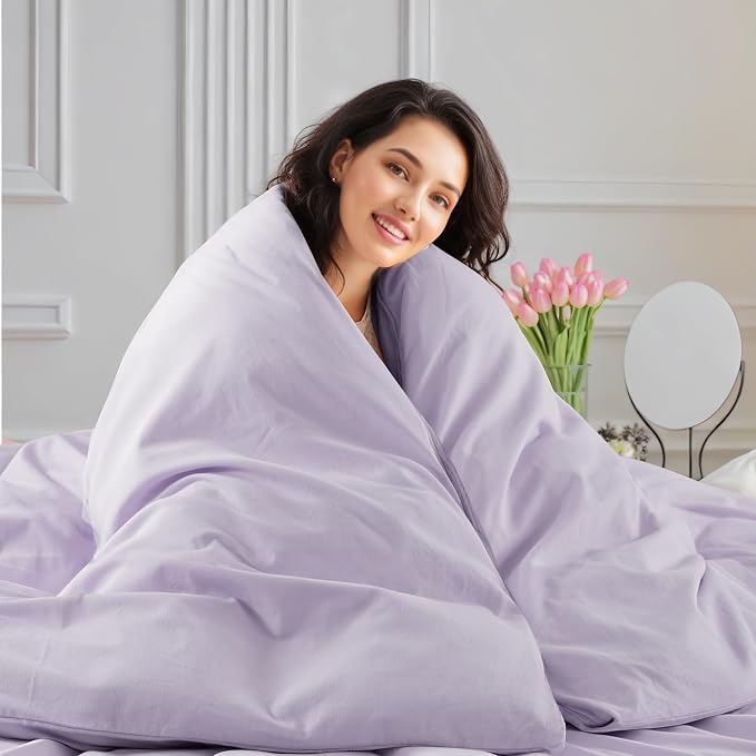 NEXHOME PRO Full Duvet Cover Set, 100% Washed Cotton with Linen-Like Texture, Natural Organic, Breathable & Comfortable, Includes Home Bedding Set Lilac (No Comforter) 80"x90"