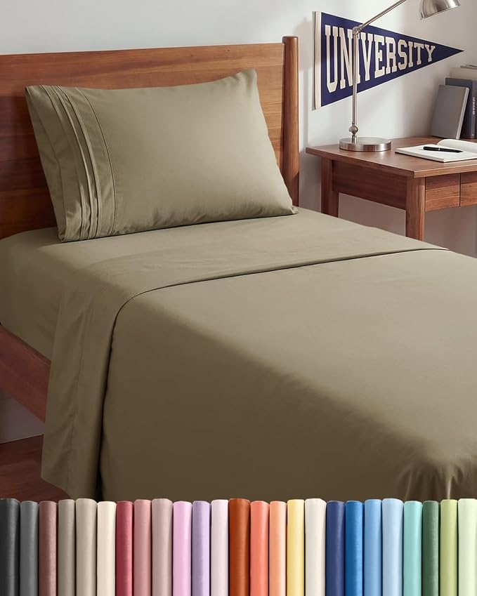 Twin XL 3 Piece Sheet Set - College Dorm Room Essentials - Khaki | Deep Pocket Bed Sheets for Women, Men, Teens & Students, Soft, Cooling, Breathable & Wrinkle Free, Oeko-Tex Bed Sheet Set