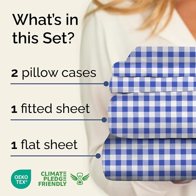 Cal King 4 Piece Striped Sheet Set - Breathable & Cooling - Blue Gingham | 1 Flat, 1 Fitted & 2 Pillowcases w/ Deep Pockets, Luxury Striped Bedding, Soft, Breathable & Cooling, Wrinkle & Fade Free