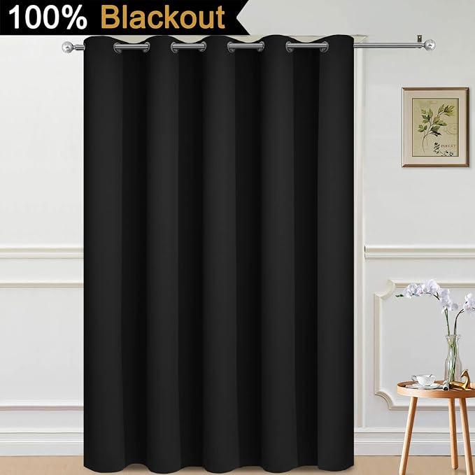 Yakamok Black 100% Blackout Patio Door Curtain Panels W70 x L84,1 Panel | Noise Reducing Barrier Panel for Sliding Glass Door, 2 Thick Layers Heat Full Light Blocking Patio Door Drapery