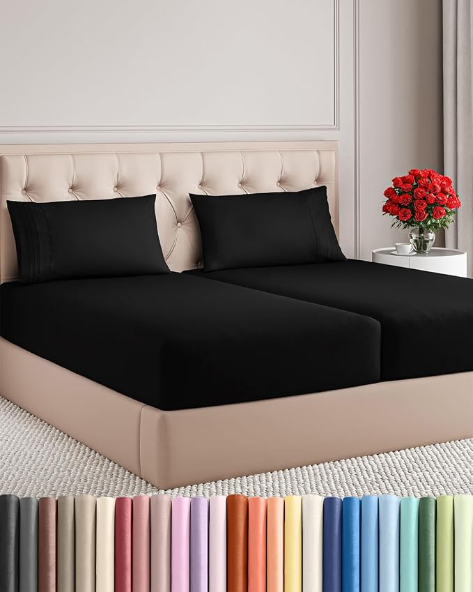 Split King Size 5 Piece Sheet Set - Breathable & Cooling Sheets - Black | Hotel Luxury Bed Sheets for Women & Men, Deep Pockets, Easy-Fit, Comfy, Soft and Wrinkle Free Sheets, Oeko-Tex Bed Sheet Set