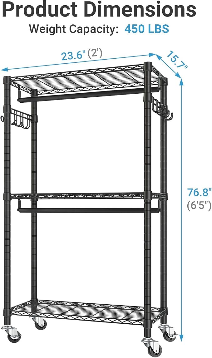 VIPEK R2 Mini Rolling Clothes Rack Portable Closet for Hanging Clothes | Lockable Silent Wheels, Double Hanging Rods, Adjustable Wire Shelving/Side Hooks, Space-Saving for Small Space, 450lbs, Black
