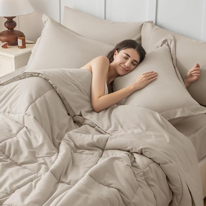 JOLLYVOGUE Twin Comforter Set, Ultra-Soft Bed in a Bag Twin Size 5 Pieces, Oeko-TEX Certified Bedding Set with Down Alternative Comforter, Sheets, Pillowcases & Shams, Oatmeal