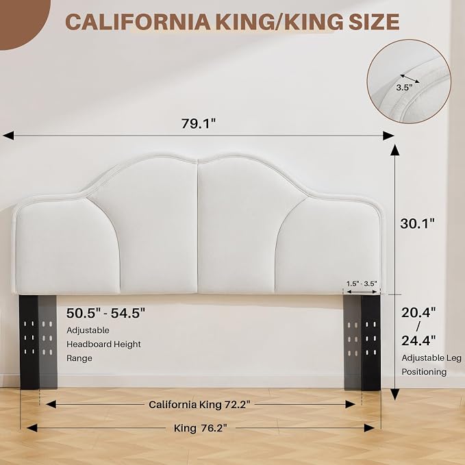 King Size Headboard Only Upgraded One-Piece Upholstered Headboards | Adjustable Height&Width, California King Bed Headboard, Modern Curved Velvet Fabric Padded Head Board, White