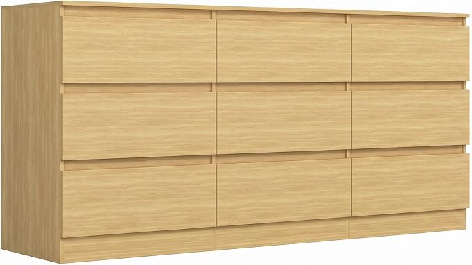 Vibe & Dine 9 Drawer Dresser, Modern Long Dresser for Bedroom, Wood Chest of Drawers with Wide Storage for Living Room, Natural Wood