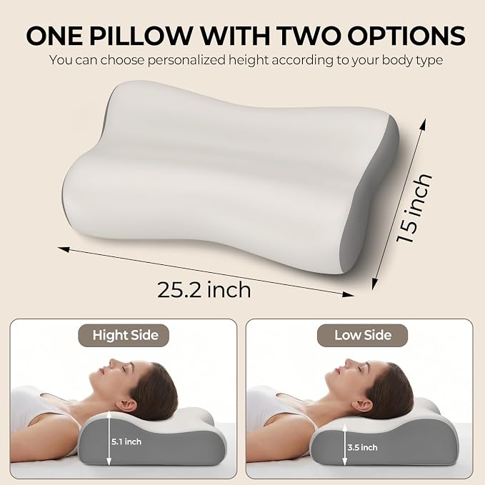 Polovo Cervical Neck Pillow for Pain Relief - Ergonomic Side Sleeper Pillow for Deep Sleep, Contour Memory Foam Pillows for Sleeping Bed Pillow for Side Back Stomach Sleepers(Grey)
