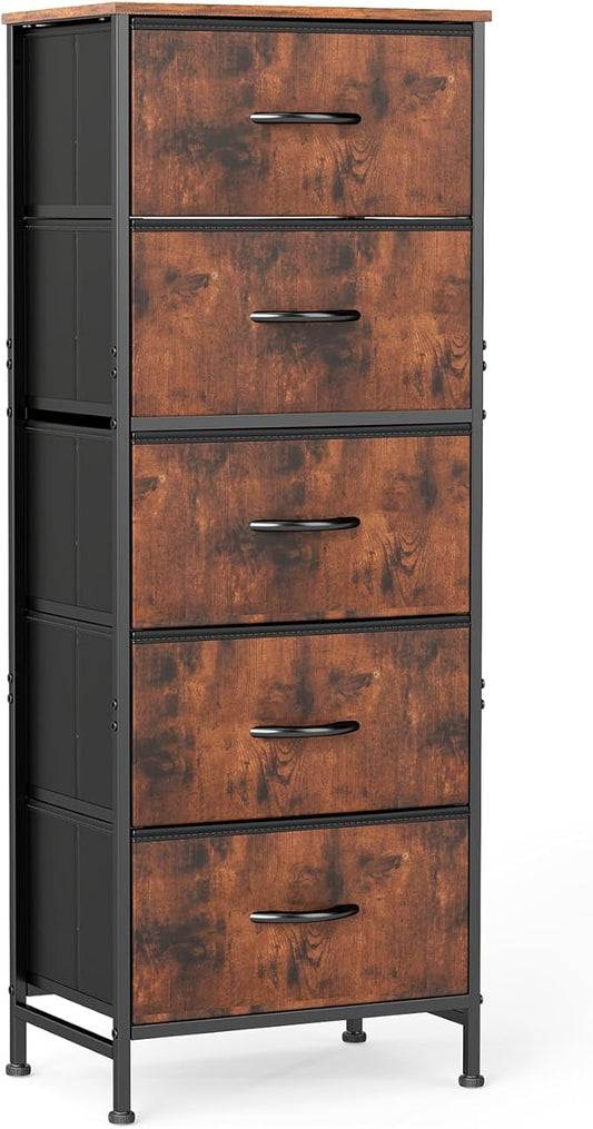 Sweetcrispy 5 Storage Drawer Bedroom Dresser, Tall Dresser for Organizer | Chest of 5 Drawers for Home Storage, Narrow Nightstand, Durable Clothes Oragnizer, Sturdy Frame and Wooden Top, Brown