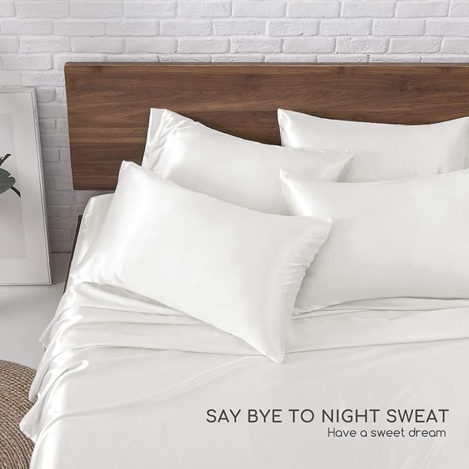 MR&HM Satin Sheets King Size with Elastic Corner Straps, Ivory | Similar to Silk, 6-Piece Silky Soft Bed Sheet Set, Gentle on Skin and Hair, 15" Deep Pocket, Cooling & Breathable