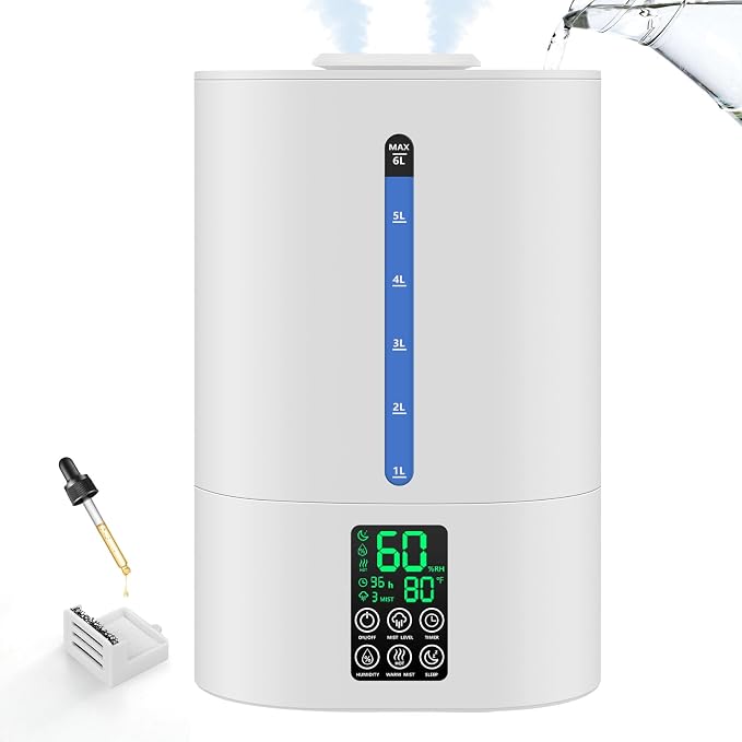 Coolfiqu 6L Warm & Cool Mist Humidifiers for Bedroom,Large Room,Plants | Quiet Top Fill Ultrasonic Humidifier,Essential Oil Diffuser, Auto Humidity Control,Hot Mist Desk Humidifiers,360° Nozzle