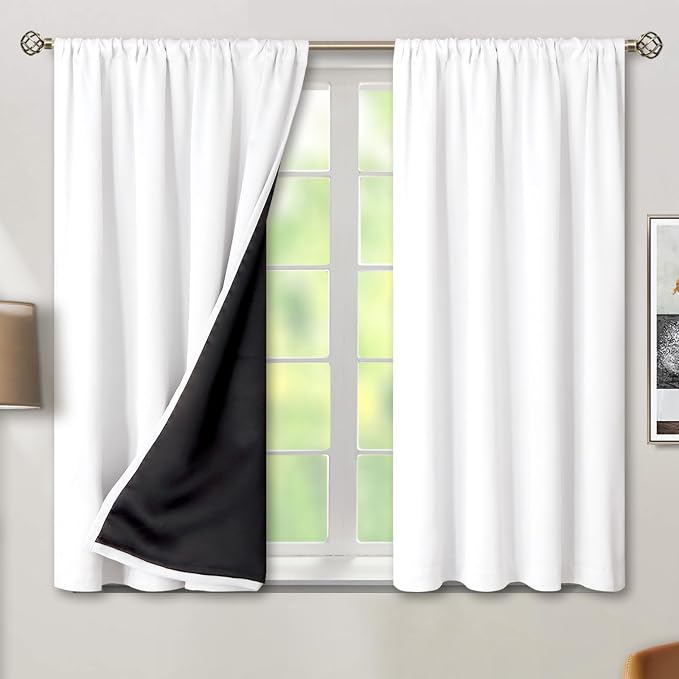 BGment White Blackout Curtains for Bedroom 54 Inch Long 2 Panels | Thermal Insulated Black Out Curtains, Room Darkening Soundproof, Rod Pocket Window Curtains for Living Room, 52 x 54 Inch