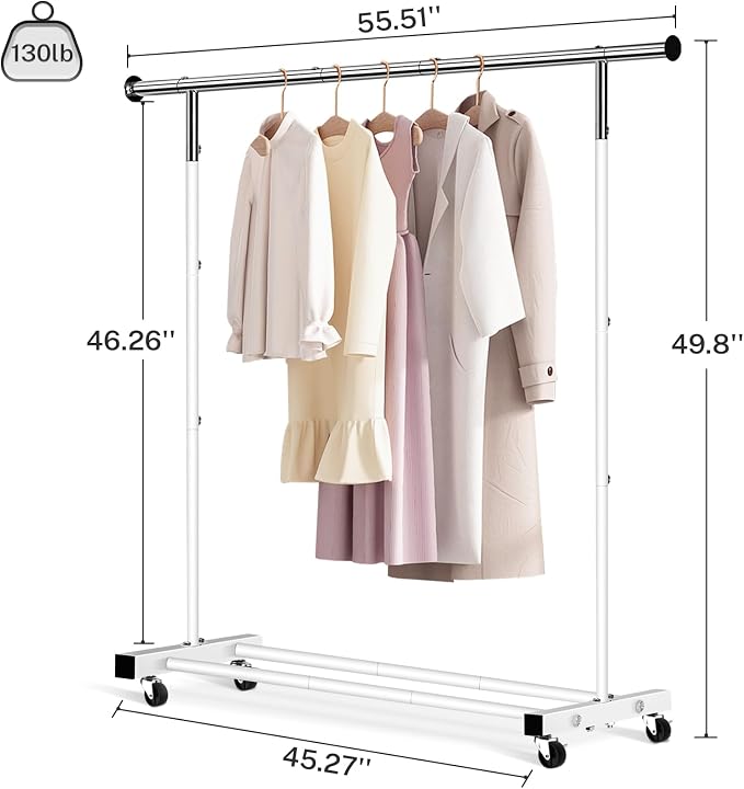 VICERII Clothing Rack, 55.51 Inch Heavy Duty Clothes Rack Rolling Garment Rack with Wheels and Bottom Shelf, 130LB Capacity Clothes Racks for Hanging Clothes, Coats, Shirts, Sweaters, Skirts, White